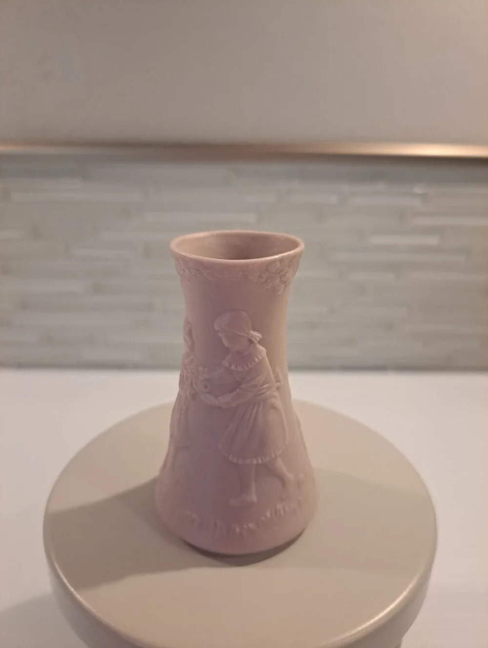 Vtg Lavender Lladro Bisque Embossed Miniature Bud Vase with Playing Kids